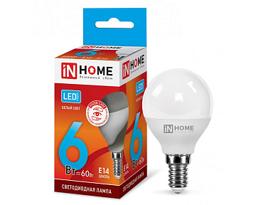 Лампа с/д IN HOME LED-ШАР-VC 6Вт 230В E14 6500К 480Лм