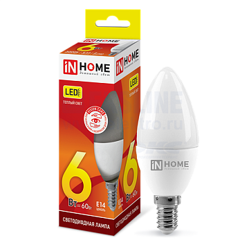 Лампа с/д IN HOME LED-СВЕЧА-VC 6Вт 230В E14 3000К 480Лм