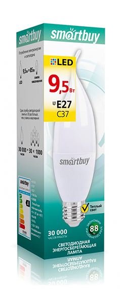 Лампа с/д Smartbuy-C37-9,5W/3000/E27 свеча