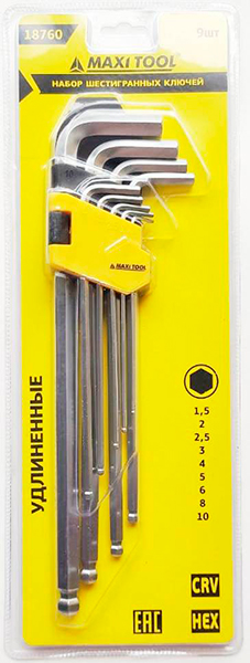 Набор имбусовых ключей 18760 удлиненные HEX 1.5-2-2.5-3-4-5-6-8-10мм, шаровидный наконечник (6шт/уп)