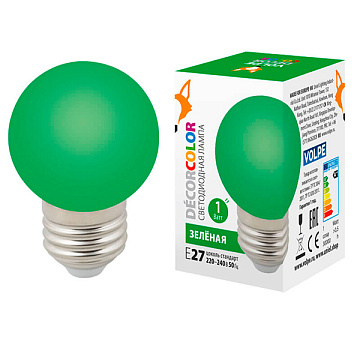 Лампа с/д Volpe LED-G45-1W/GREEN/E27/FR/С  шар зеленый.